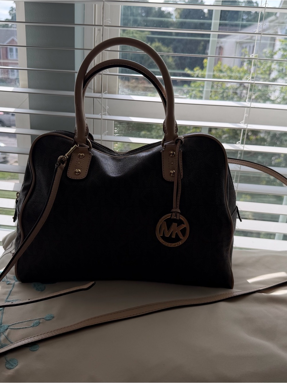 Michael Kors Signature Monogram Satchel Bag Brown Tan Crossbody